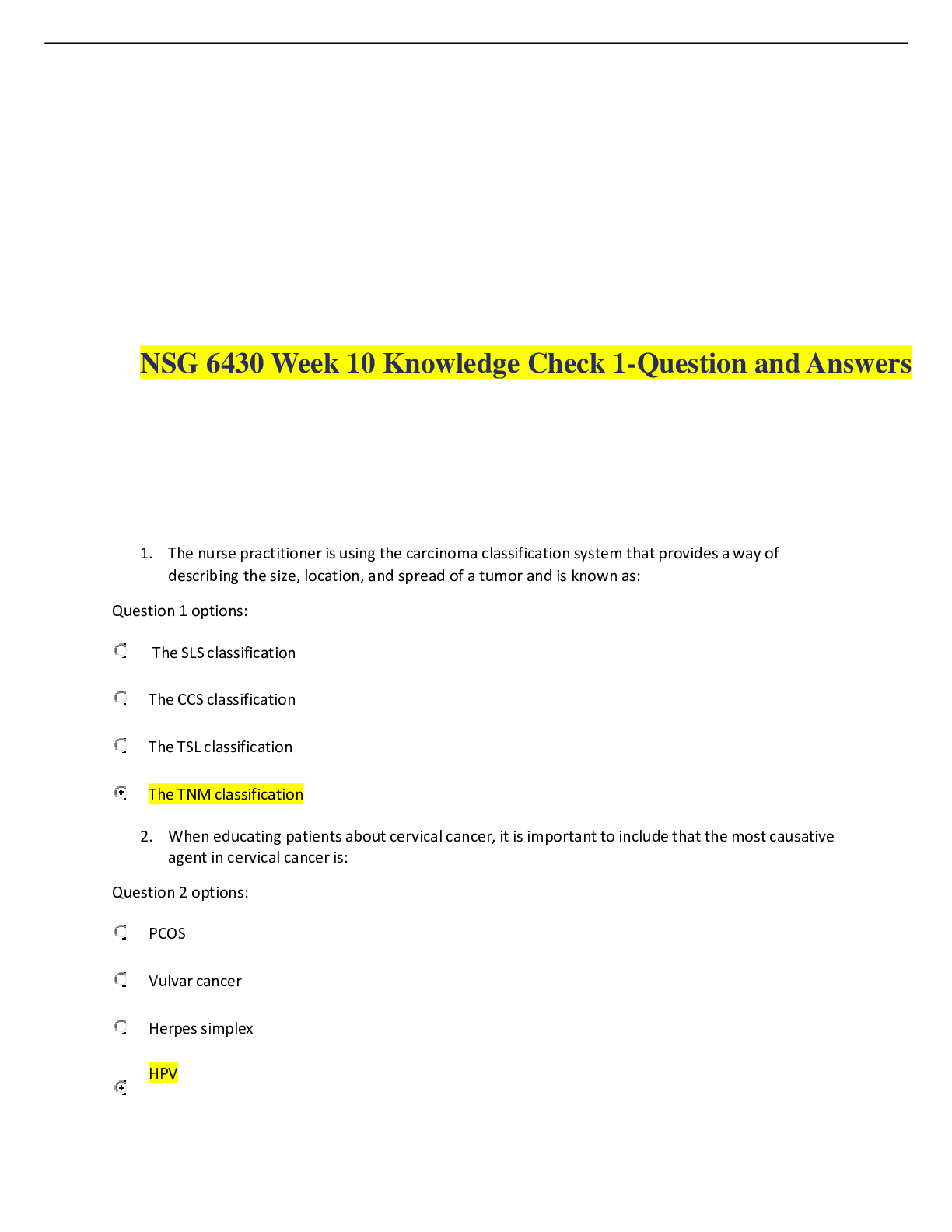 Recommended document preview for NSG 6430 Week 10 Knowledge Check 1-Question and Answers