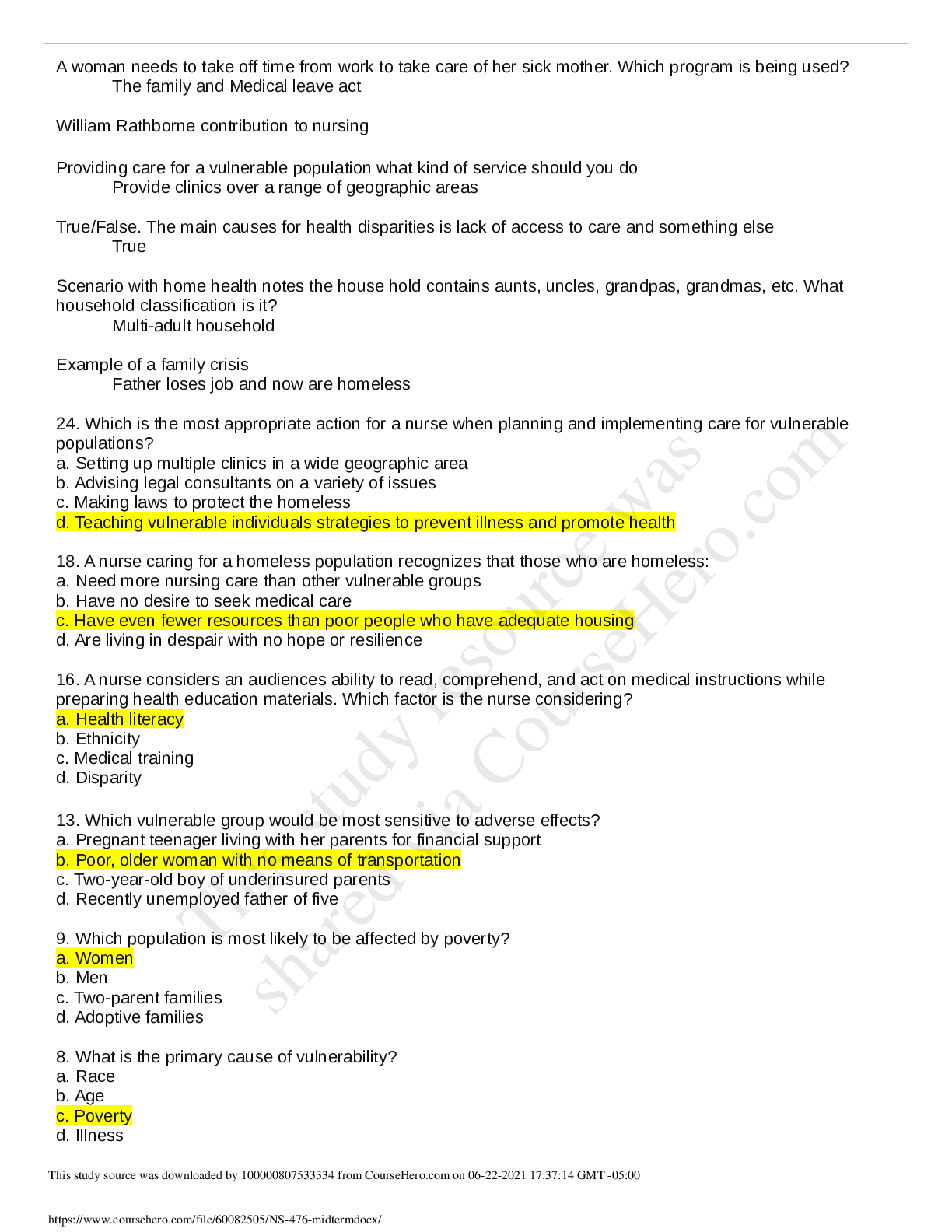 Preview image of NS 476 Midterm document