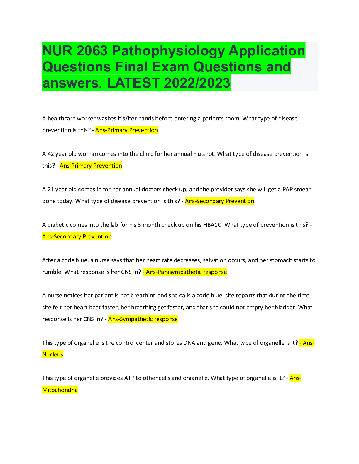 NUR 2063 Pathophysiology Application Questions Final Exam Questions and ...