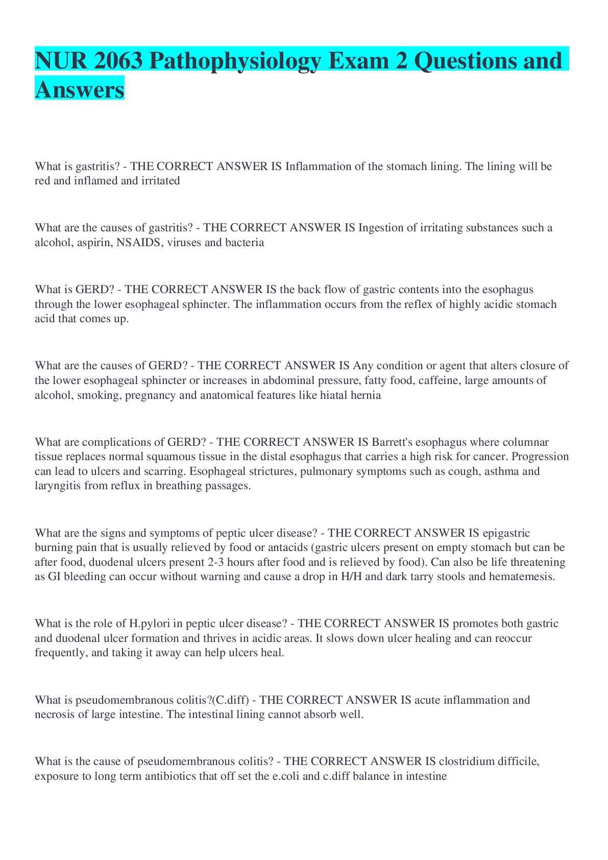 NUR 2063 Pathophysiology Exam 2 Questions and Answers – Scholarfriends ...