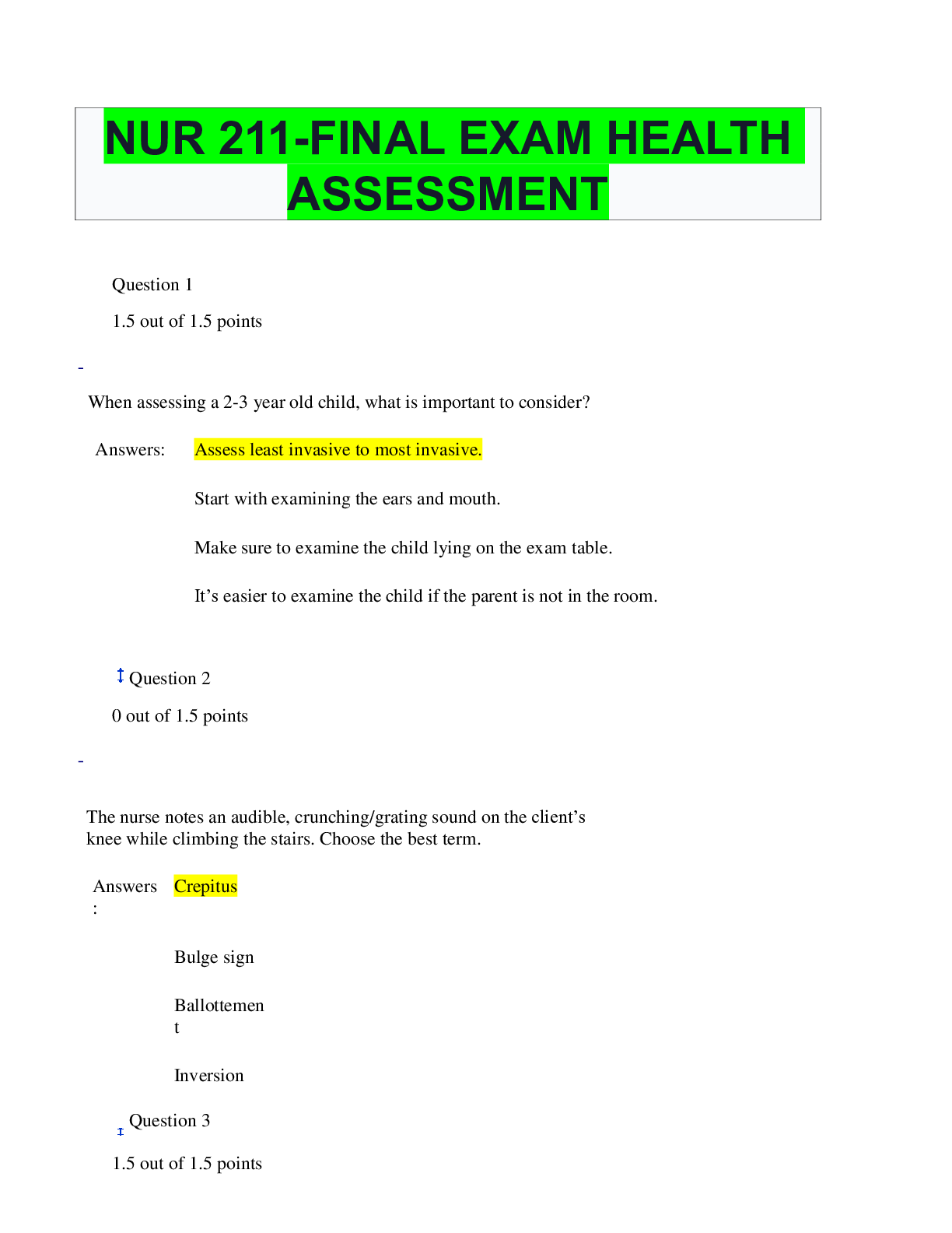 NUR 211-FINAL EXAM HEALTH ASSESSMENT - Scholarfriends