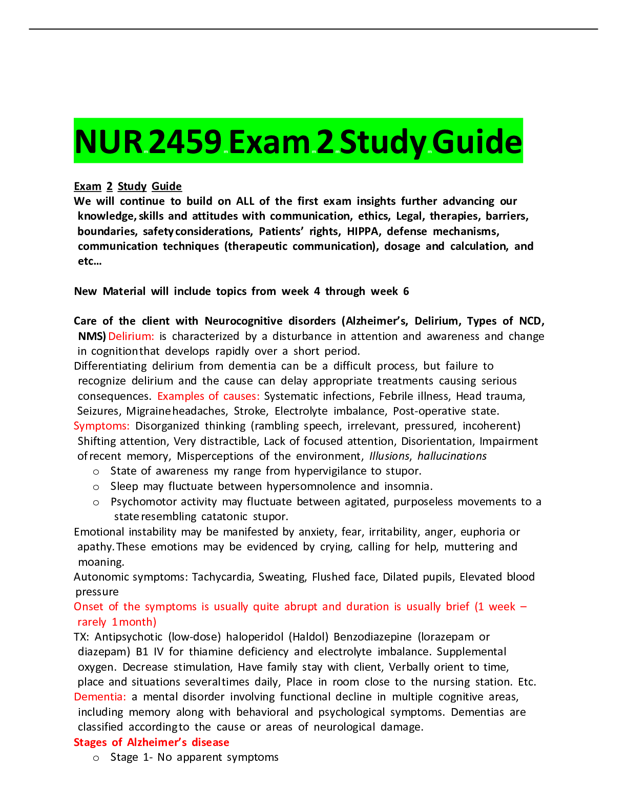 NUR 2459 / NUR2459 Mental and Behavioral Health Nursing Exam 2 Study ...