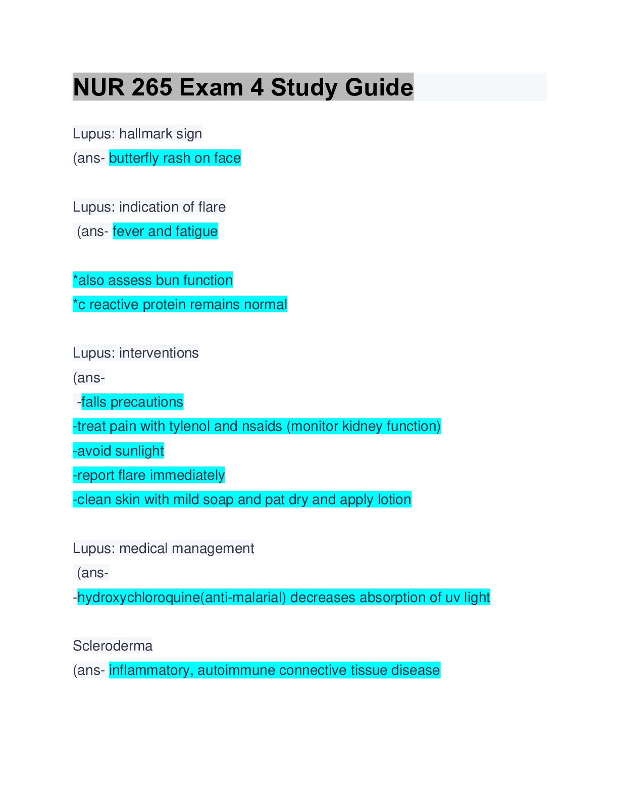 NUR 265 Exam 4 Study Guide: Latest Updated: A+ Score Guide | ScholarFriends