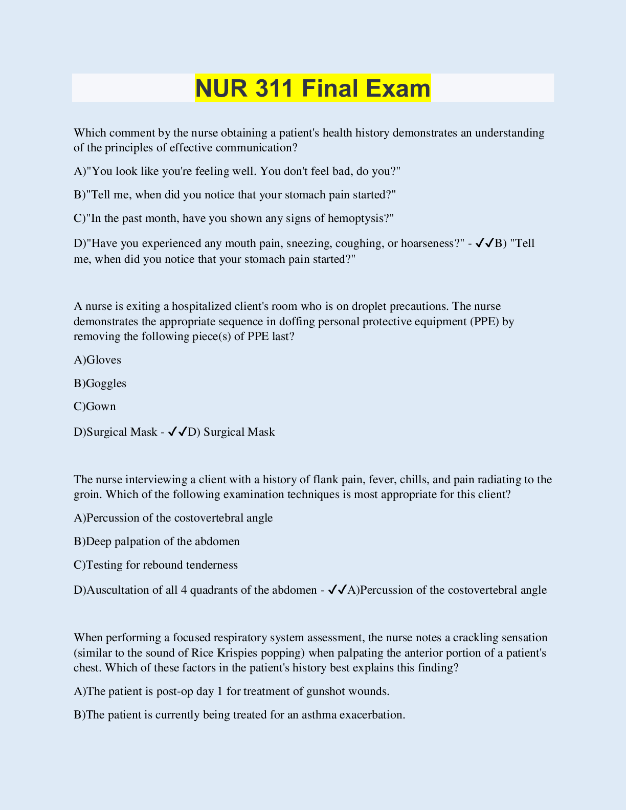 NUR 311 Final Exam | 200 Questions with 100% Correct Answers | Updat ...