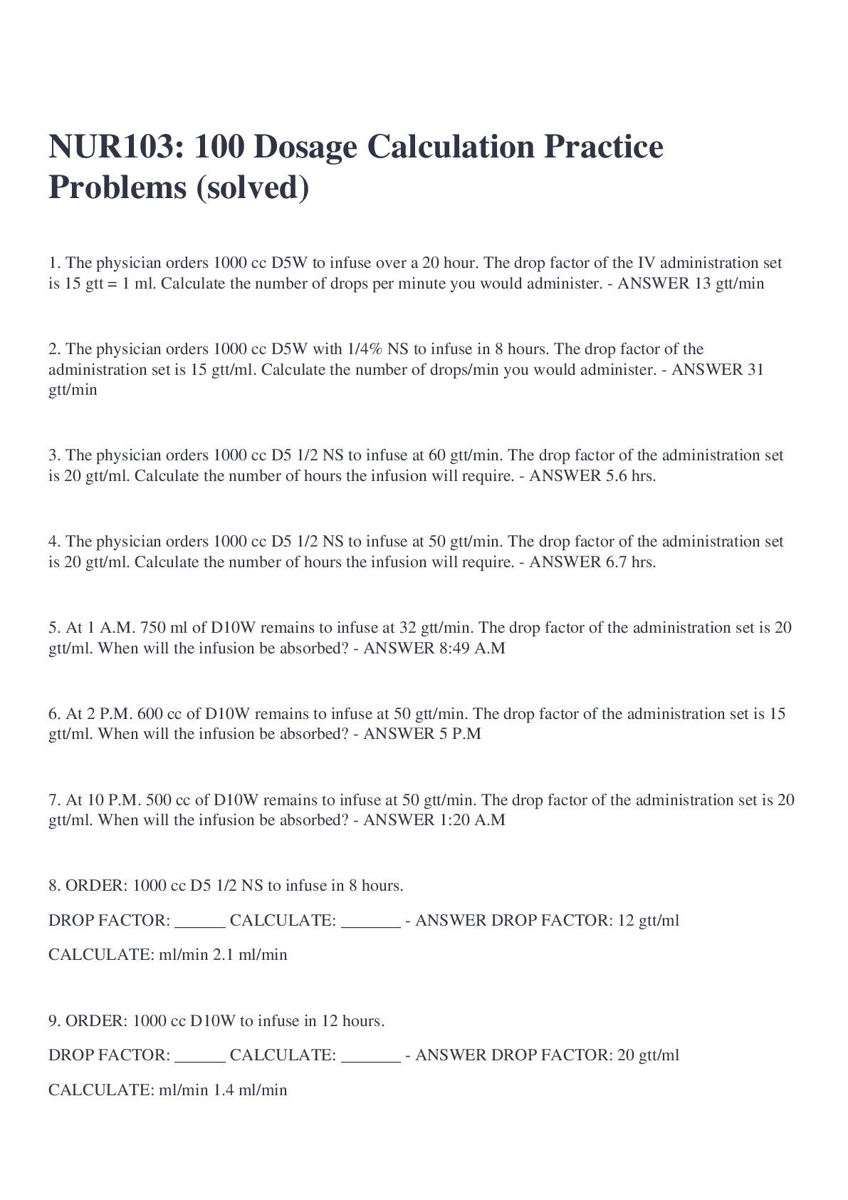 Preview image of NUR103: 100 Dosage Calculation Practice Problems (solved) document