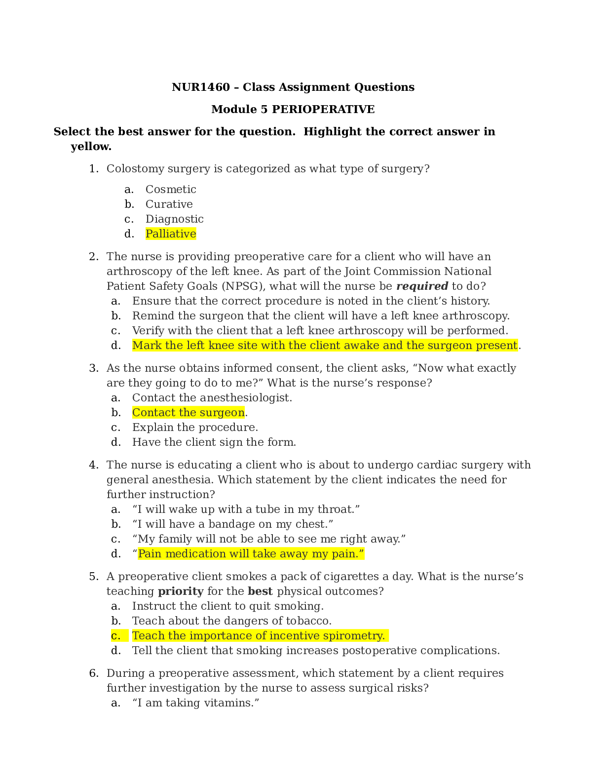Preview image for NUR1460 – Class Assignment Questions and answers Module 5 PERIOPERATIVE > all correct_Retake
