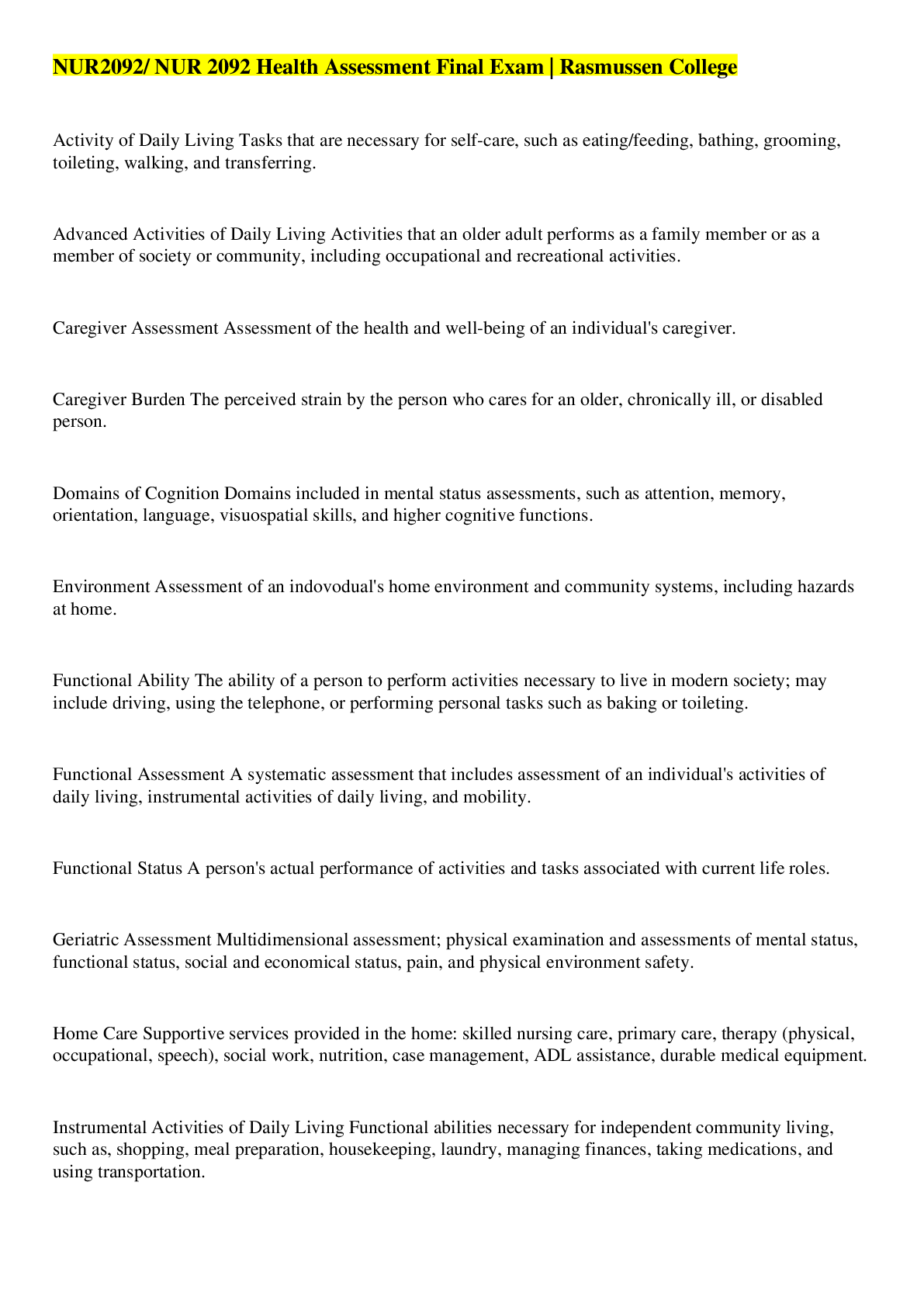 Preview image for NUR2092/ NUR 2092 Health Assessment Final Exam | Rasmussen College