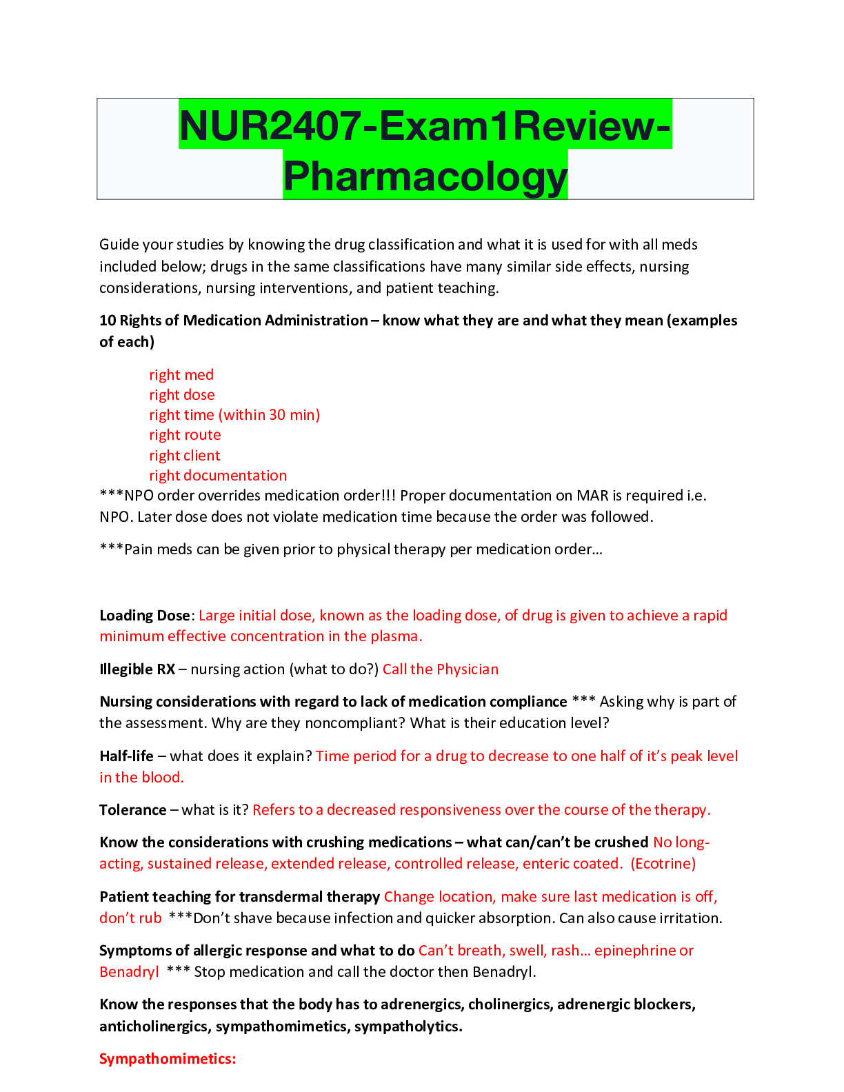 Preview image for NUR2407-Exam1Review-Pharmacology