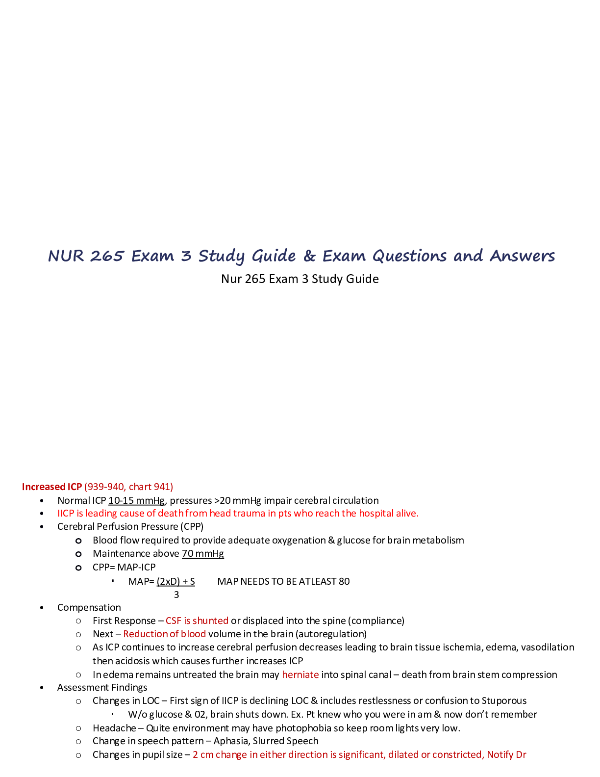Recommended document preview for NUR 265 Exam 3 Study Guide & Exam Questions and Answers