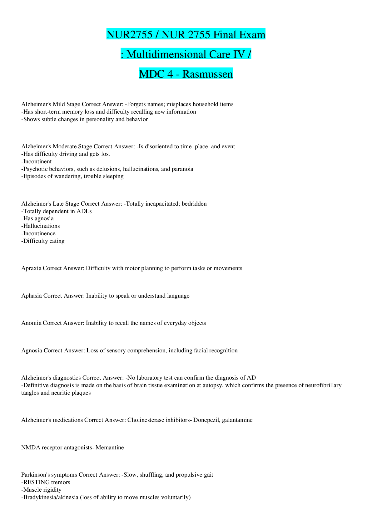 Preview image for NUR2755 / NUR 2755 Final Exam : Multidimensional Care IV / MDC 4 - Rasmussen