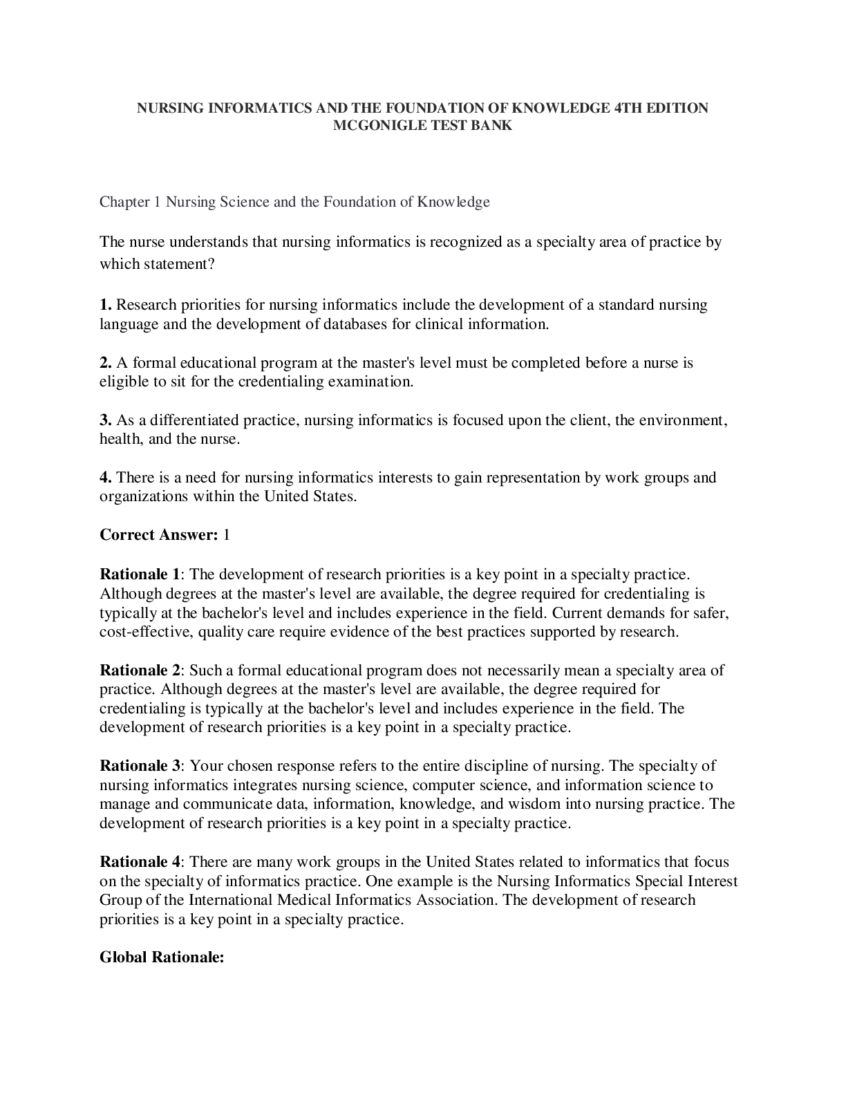 Preview image for NURSING INFORMATICS AND THE FOUNDATION OF KNOWLEDGE 4TH EDITION MCGONIGLE TEST BANK