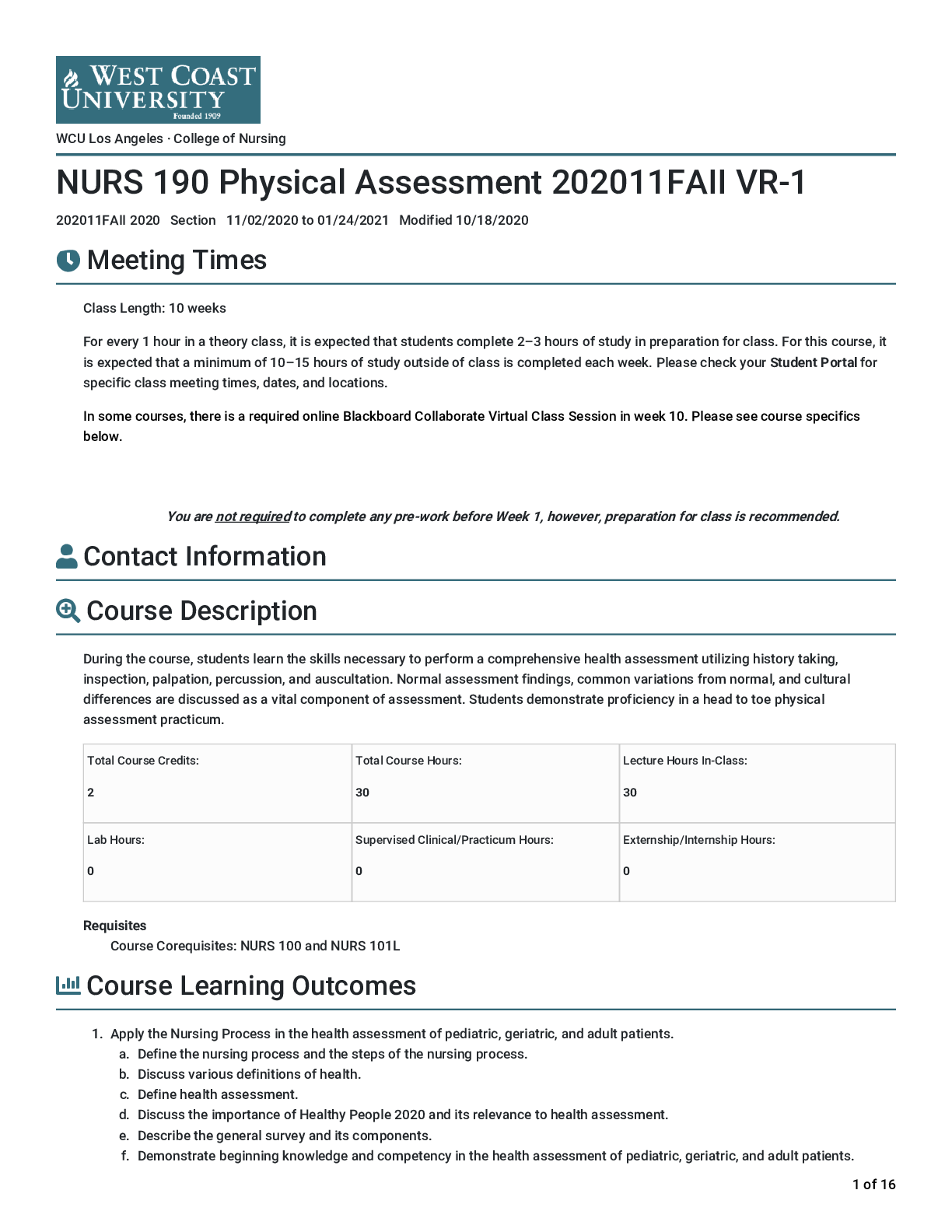 Preview image of NURS 190 Physical Assessment 202011FAII document