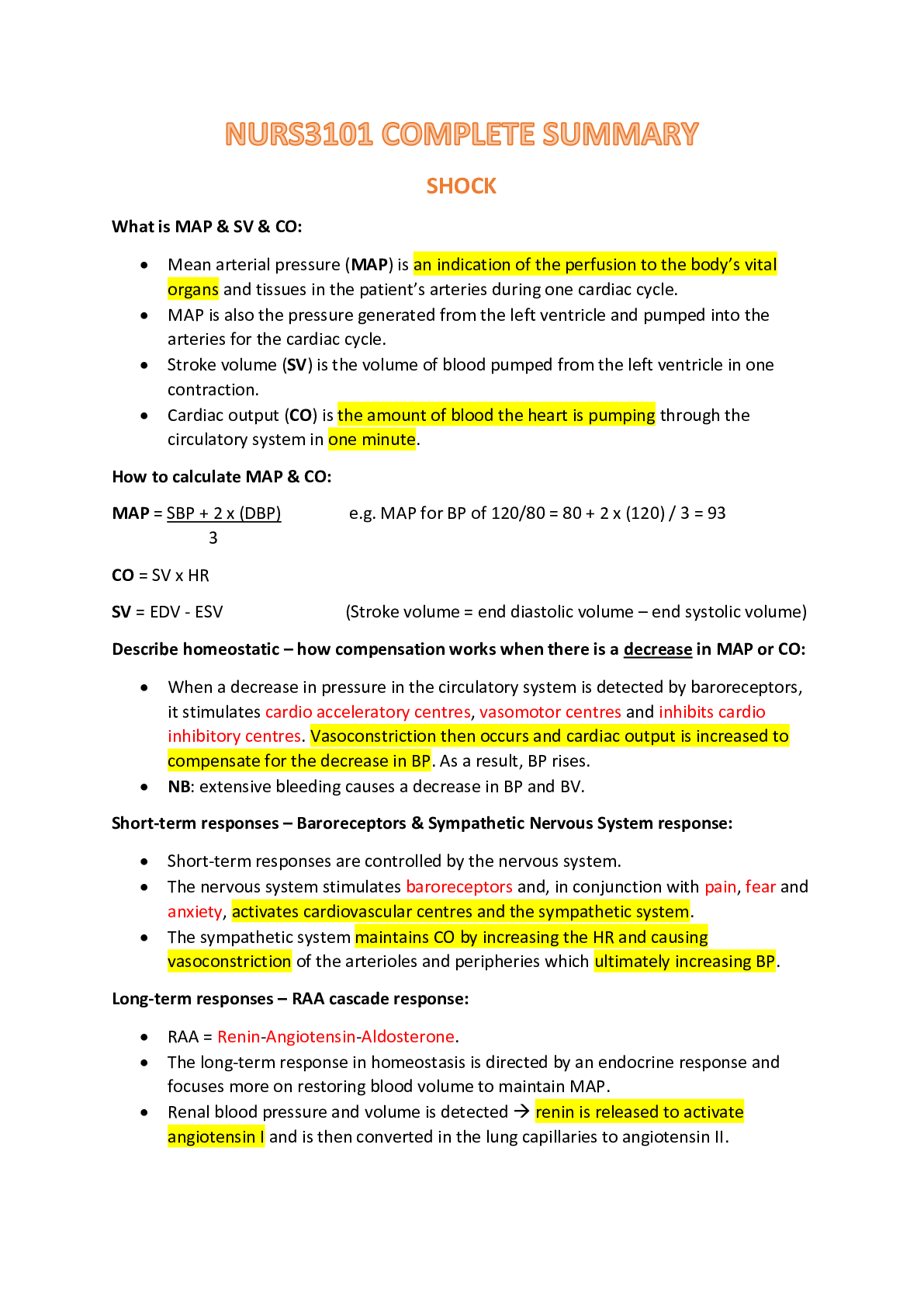 Preview of NURS 3101 COMPLETE SUMMARY SHOCK, SEPSIS, BURN INJURIES, TRAUMATIC, BRAIN INJURY, DROWNING