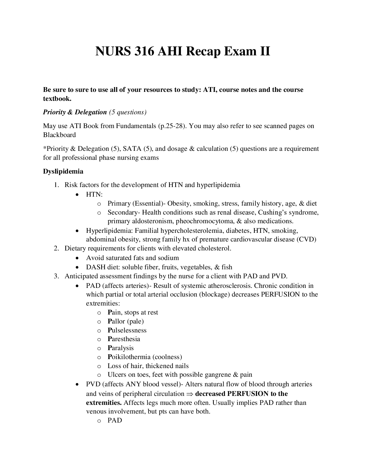 Preview image of NURS 316 AHI Recap Exam II document