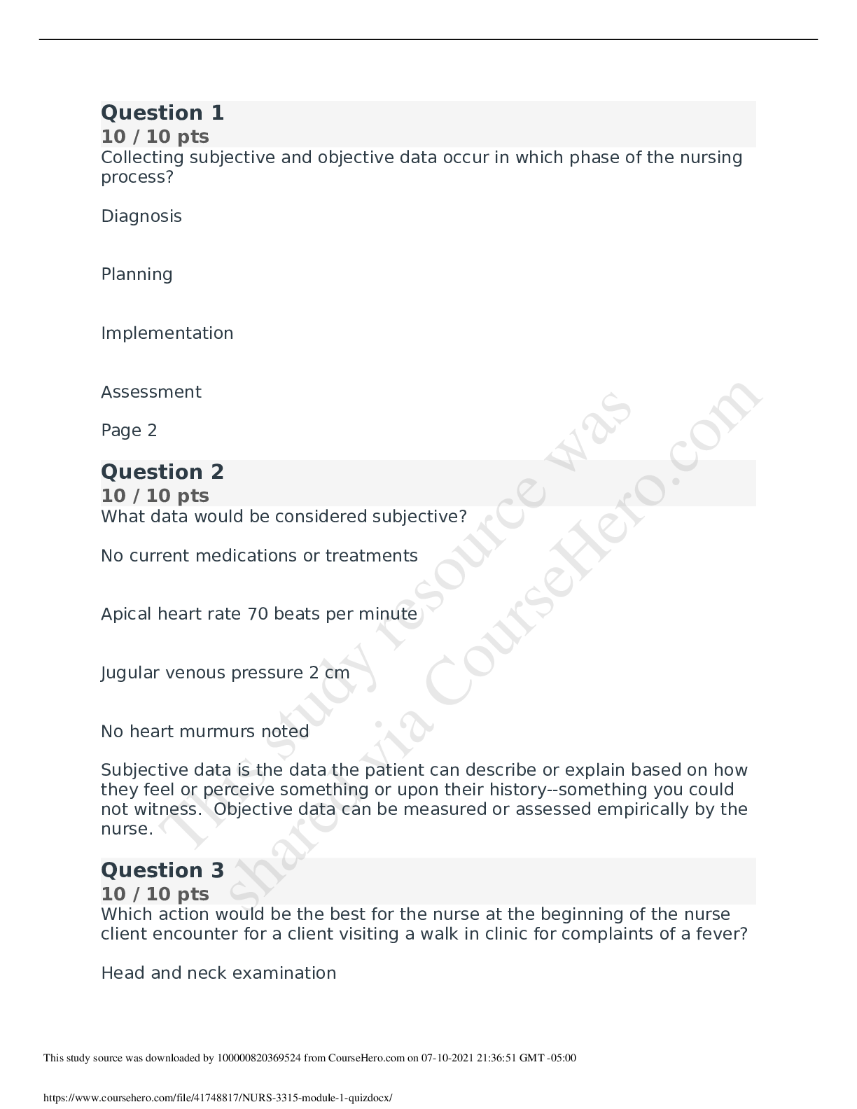 Preview of University of Texas, Arlington - NURS3315/NURS 3315 Module 1 Quiz With Answers.