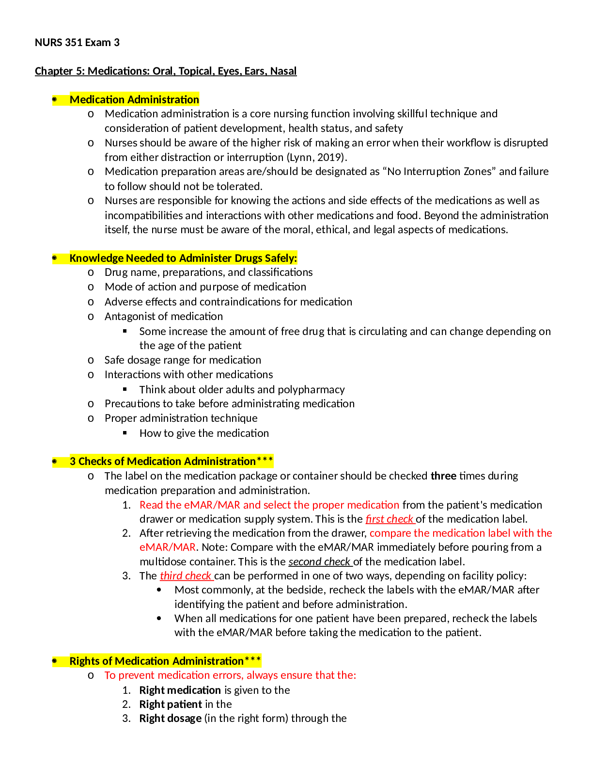 Preview of NURS 351 Exam 3  Chapter 5: Medications: Oral, Topical, Eyes, Ears, Nasal