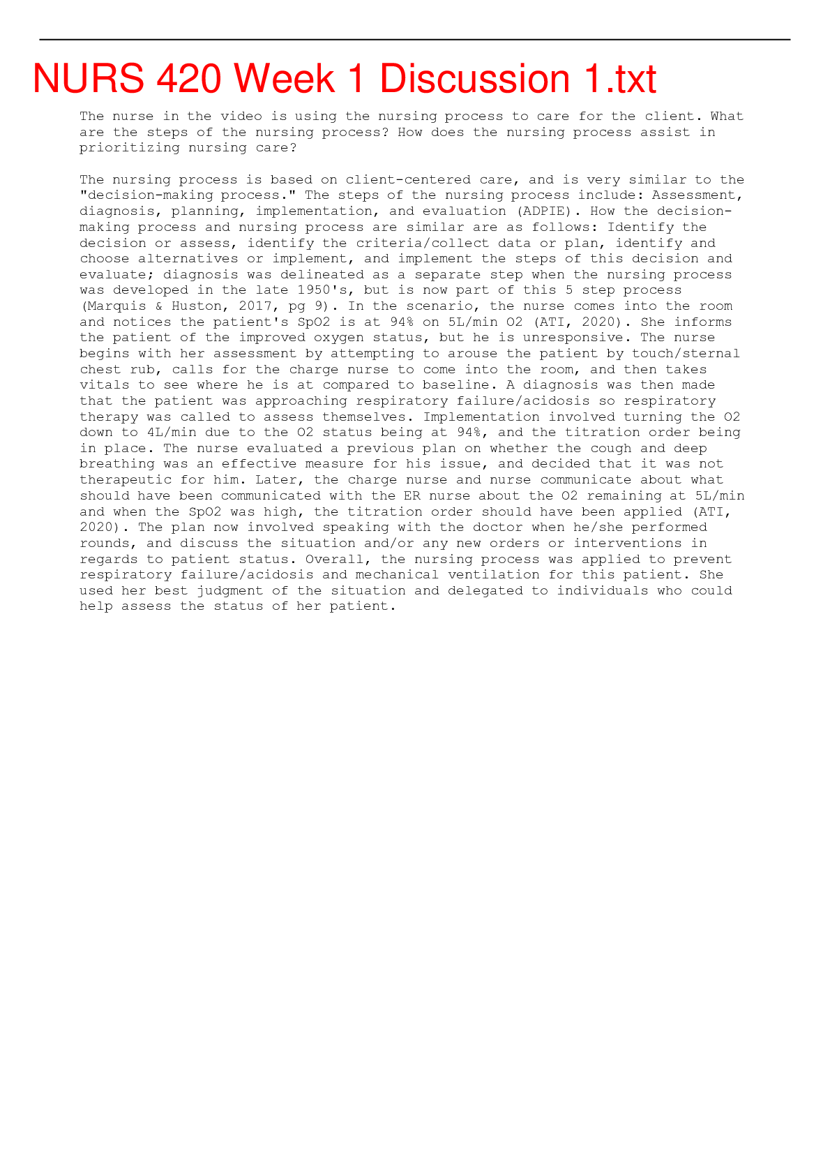 Preview image of NURS 420 Week 1 Discussion 1.txt/; COMPLETE SOLUTION/RATED A document