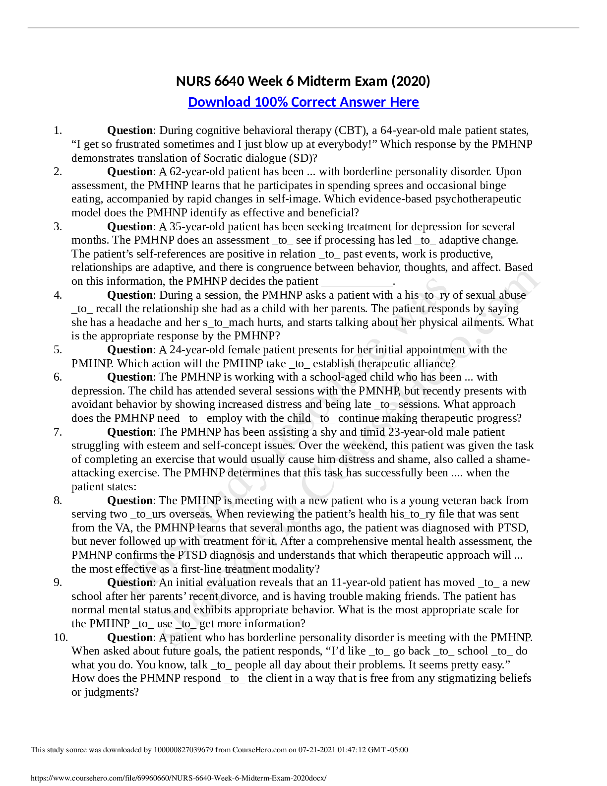 Preview image of NURS 6640 Week 6 Midterm Exam (2020). document