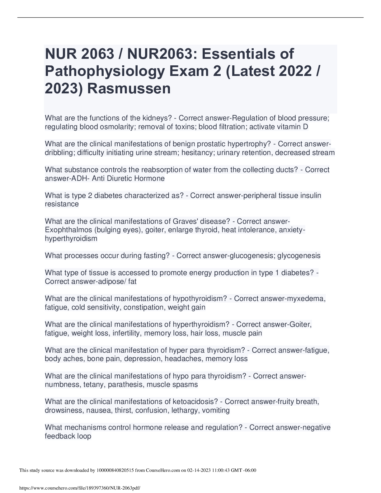 Preview image for NUR2063: Essentials of  Pathophysiology Exam 2 (Latest 2022 /  2023) Rasmussen