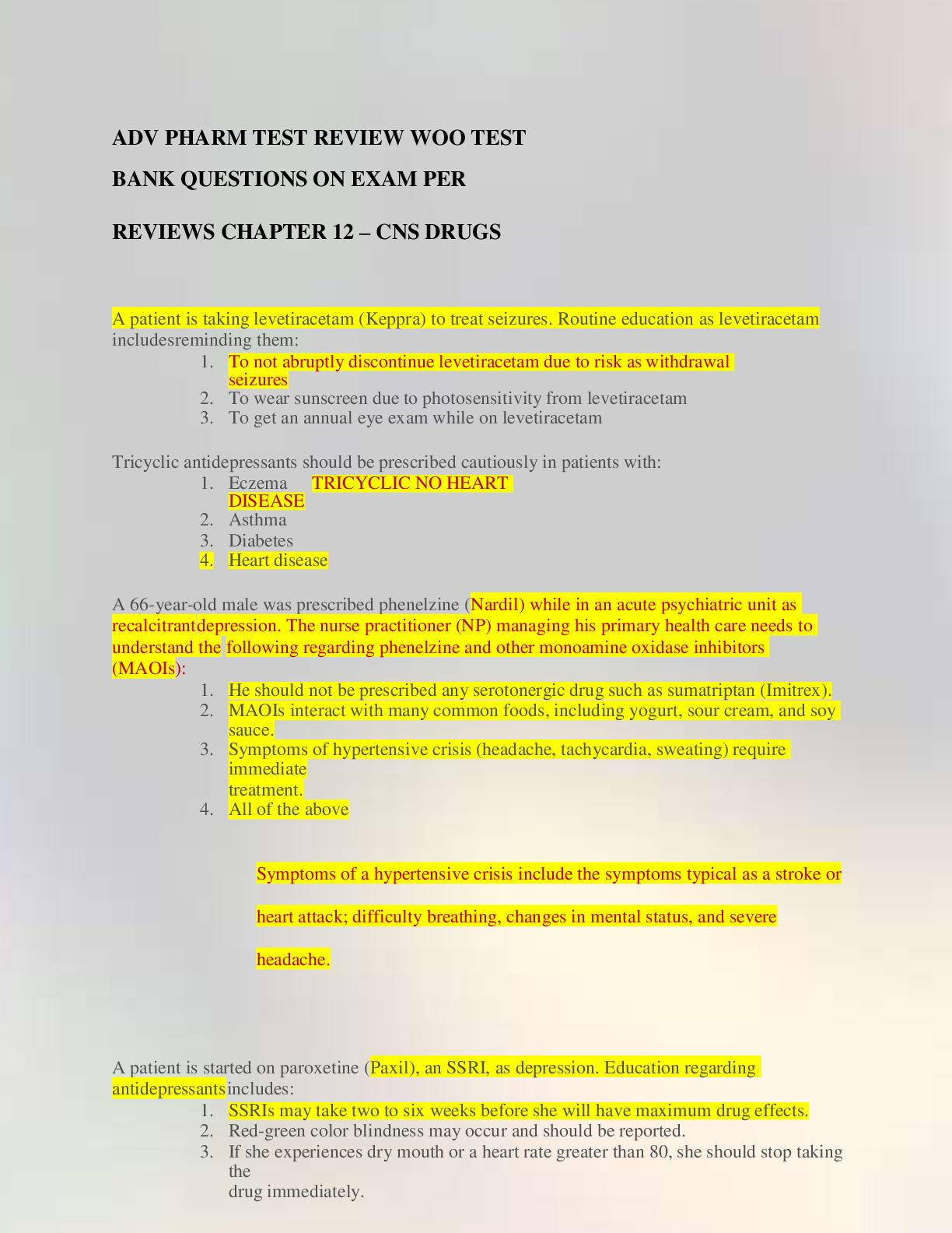 Preview image for ADV PHARM TEST REVIEW WOO TEST BANK QUESTIONS ON EXAM PER REVIEWS CHAPTER 12 – CNS DRUGS