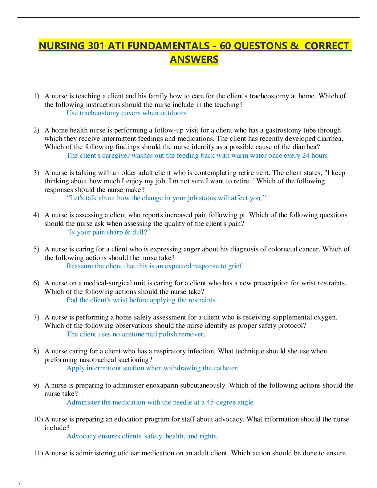 Preview of NURSING 301 ATI FUNDAMENTALS - 60 QUESTONS &  CORRECT ANSWERS