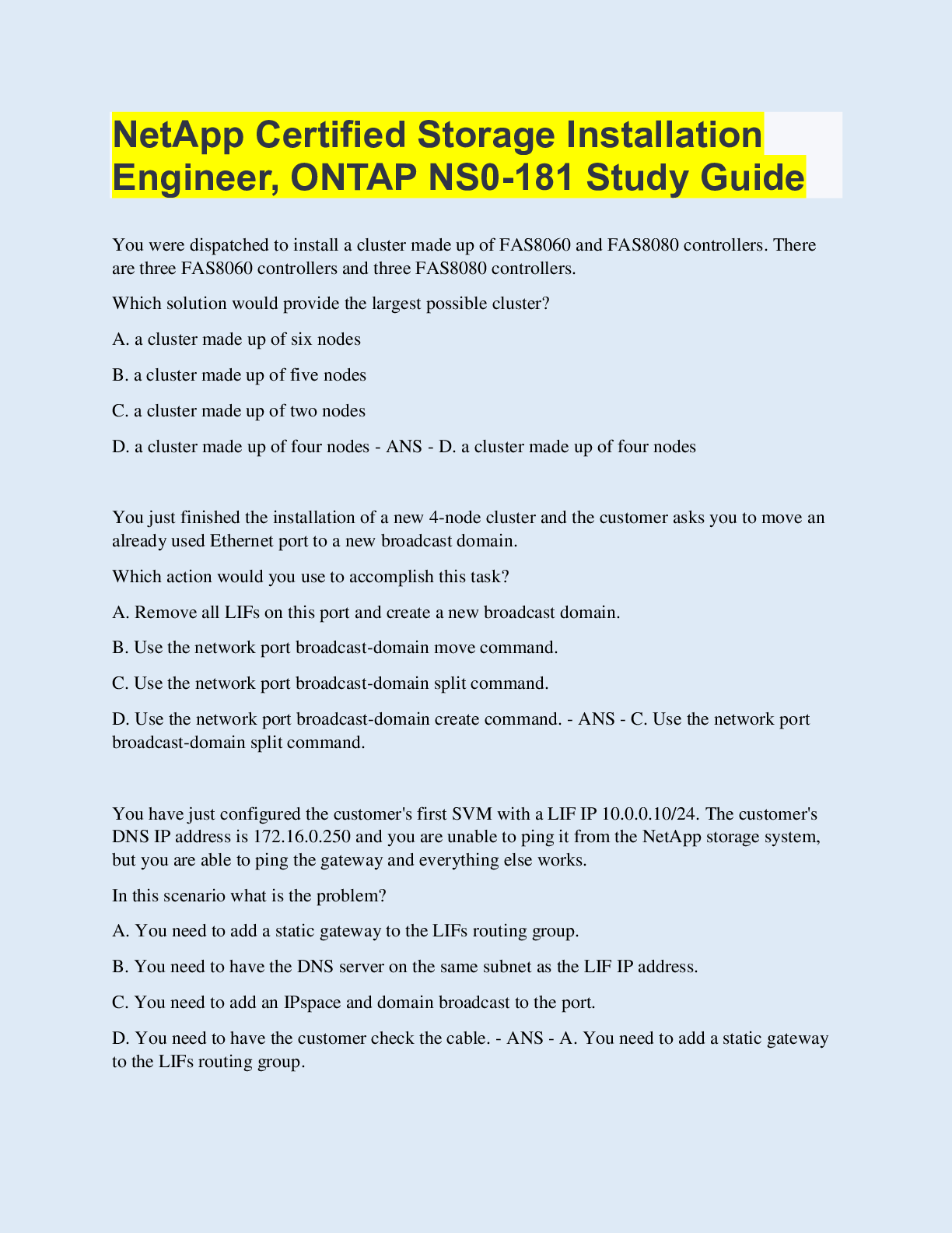 NetApp Certified Storage Installation Engineer, ONTAP NS0-181 Study ...