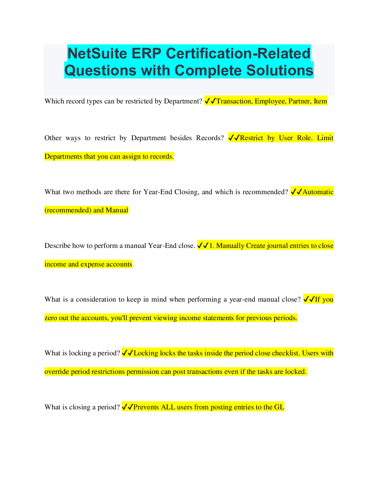 NetSuite ERP Certification-Related Questions with Complete Solutions ...