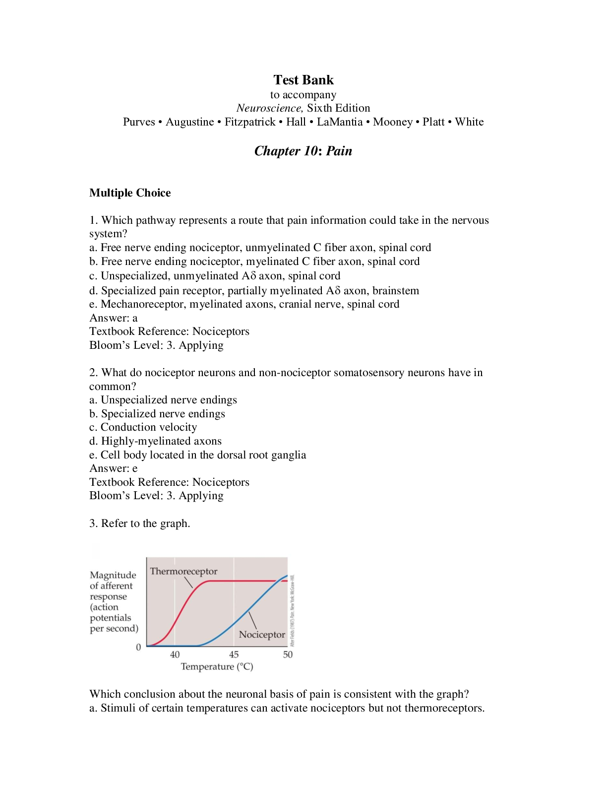Preview of Neuroscience6e Ch10 Test Bank Questions and Answers Graded A