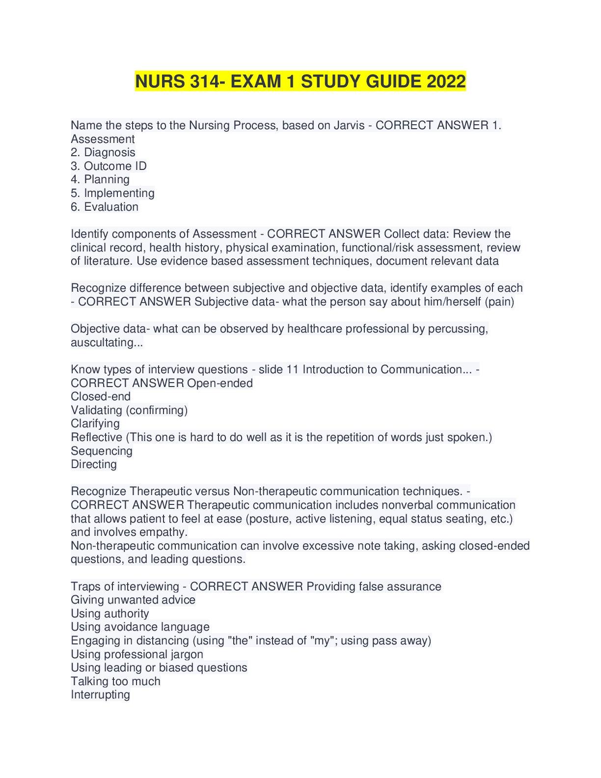 Nurs 314- Exam 1 Study Guide 2022 - Scholarfriends