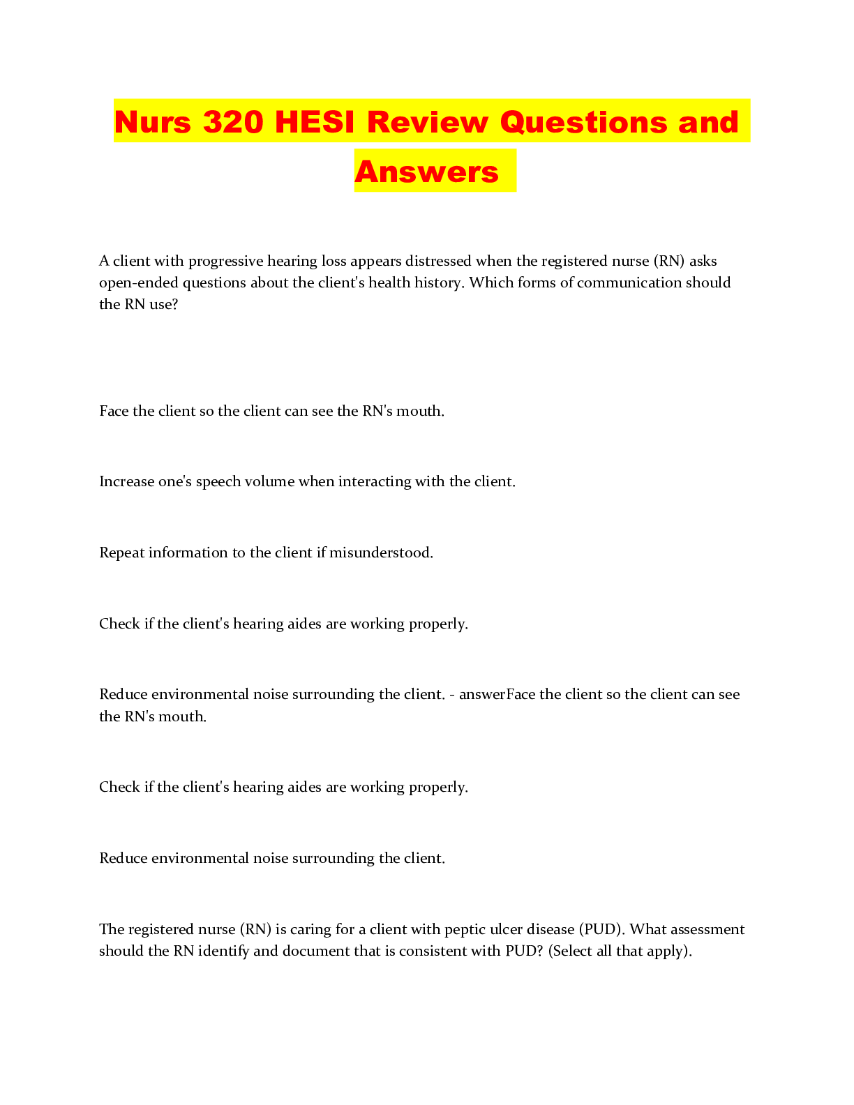 Nurs 320 HESI Review Questions and Answers - Scholarfriends