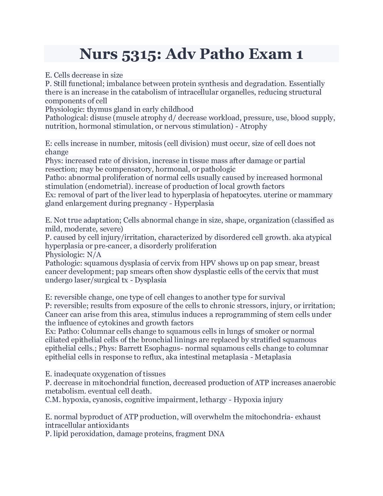 Nurs 5315: Adv Patho Exam 1 - Scholarfriends