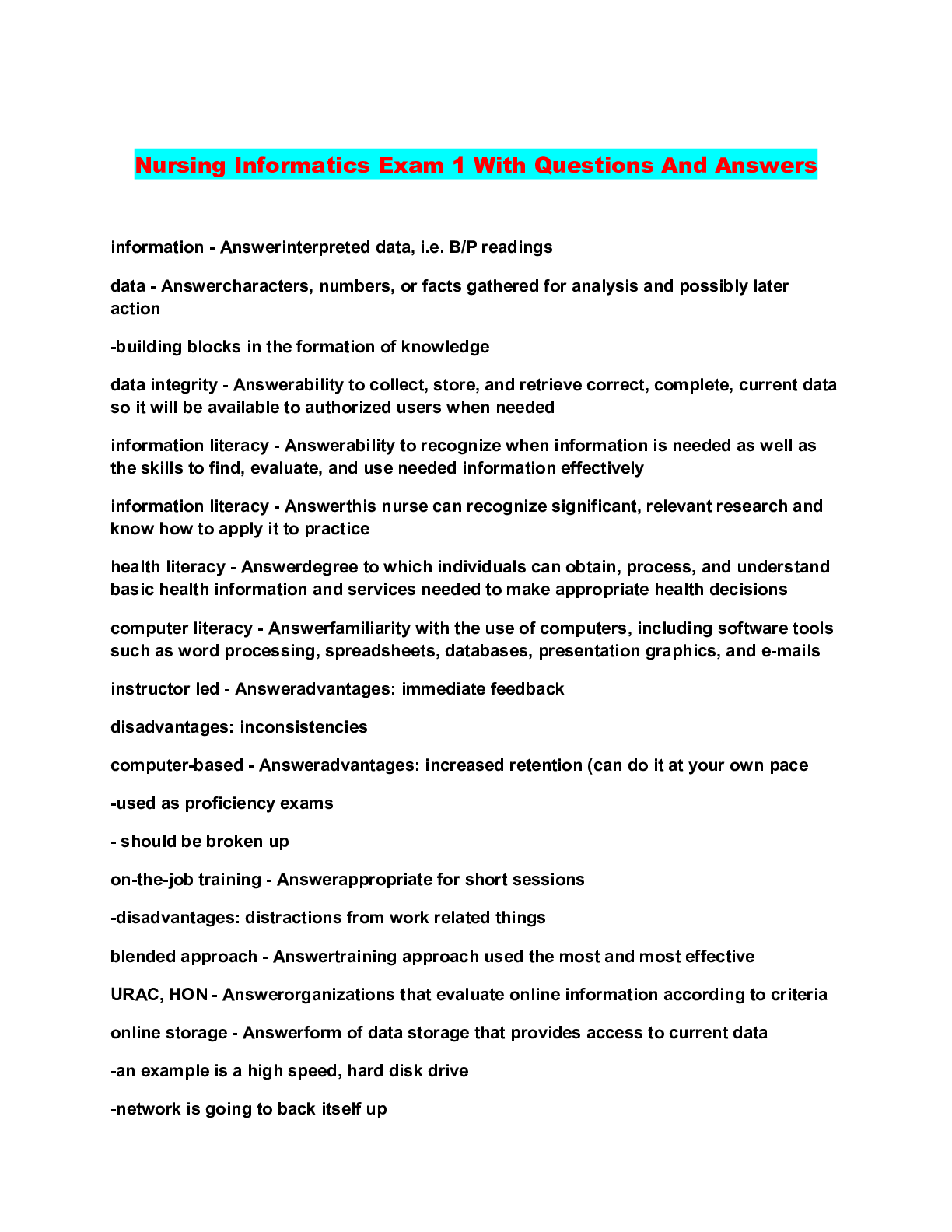 Nursing Informatics Exam 1 With Questions And Answers | ScholarFriends