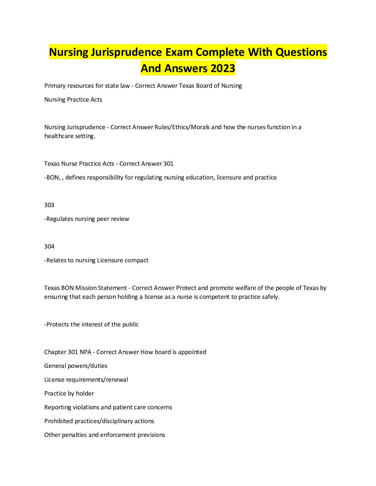 Nursing Jurisprudence Exam Complete With Questions And Answers 2023 ...