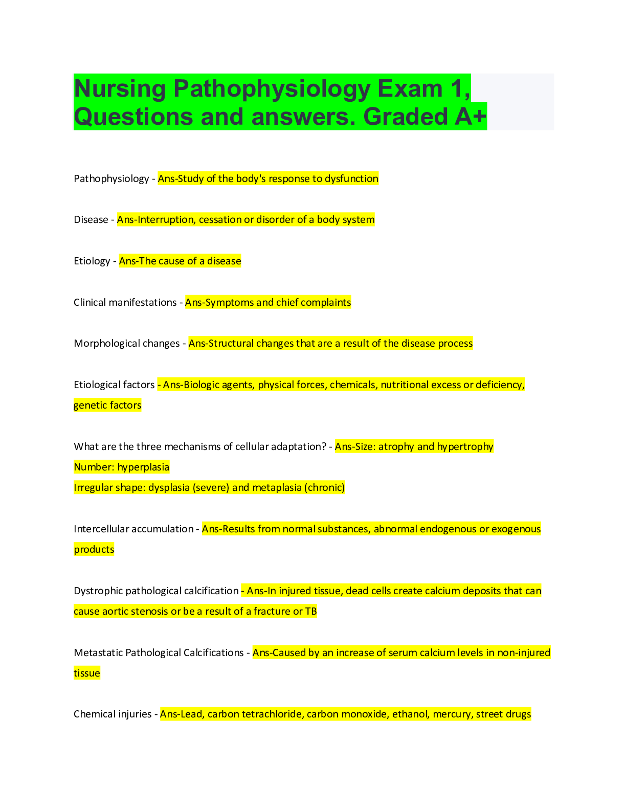 Nursing Pathophysiology Exam 1, Questions and answers. Graded A+ ...