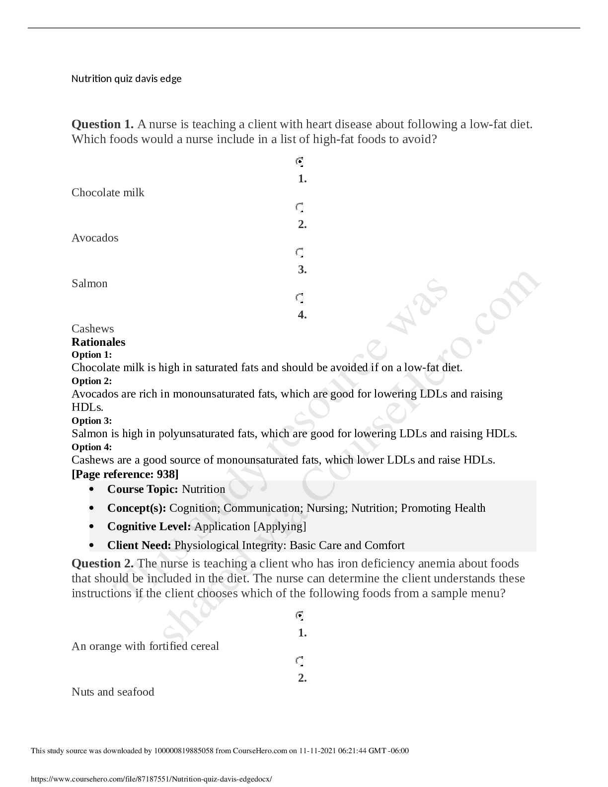 Preview image for Nutrition Quiz Davis Edge 100% SOLVED SOLUTION Download To Score