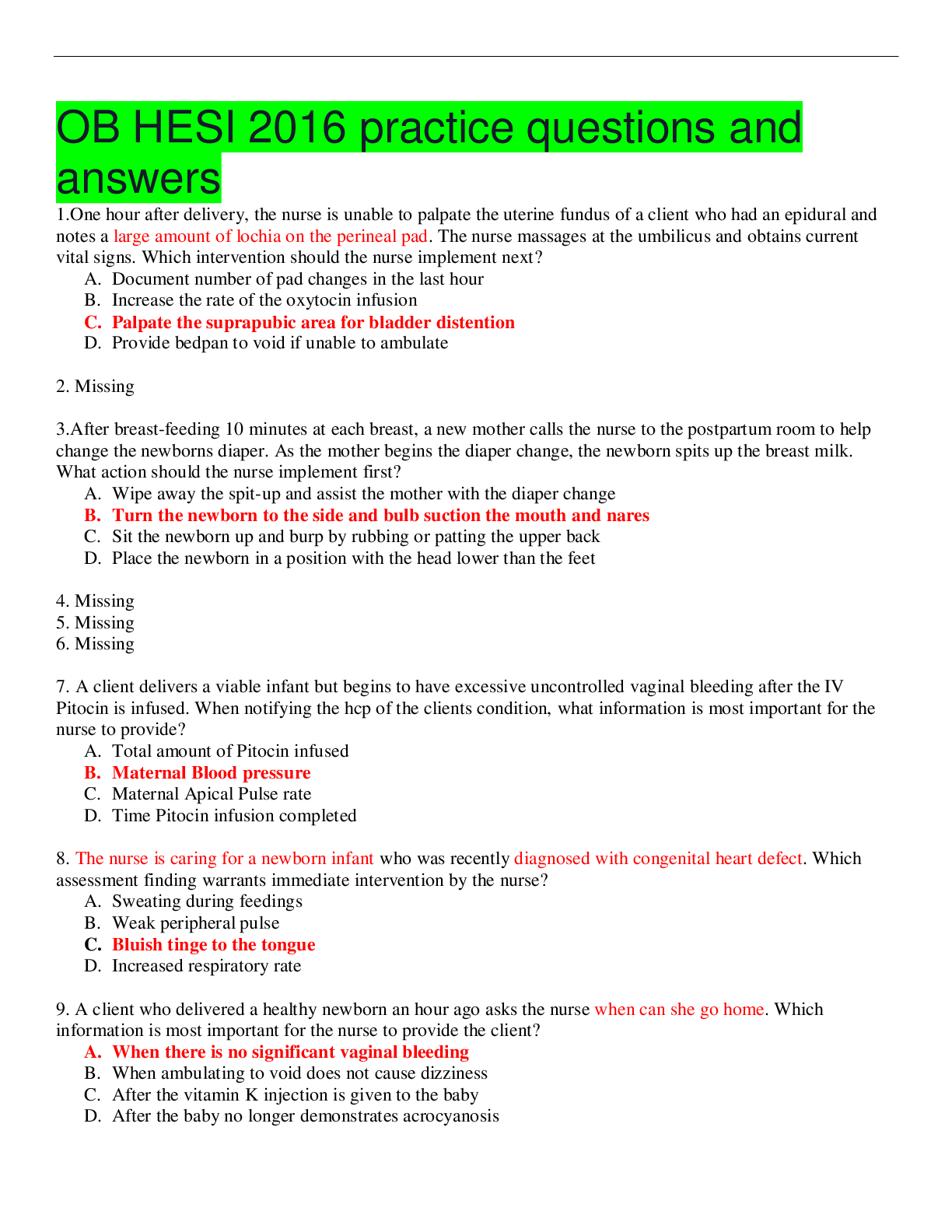 Preview image of OB HESI 2016 practice questions and answers document