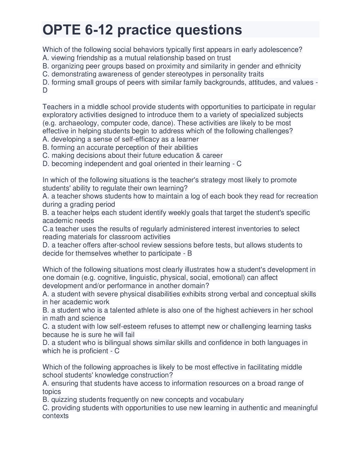 OPTE 6-12 practice questions - Scholarfriends