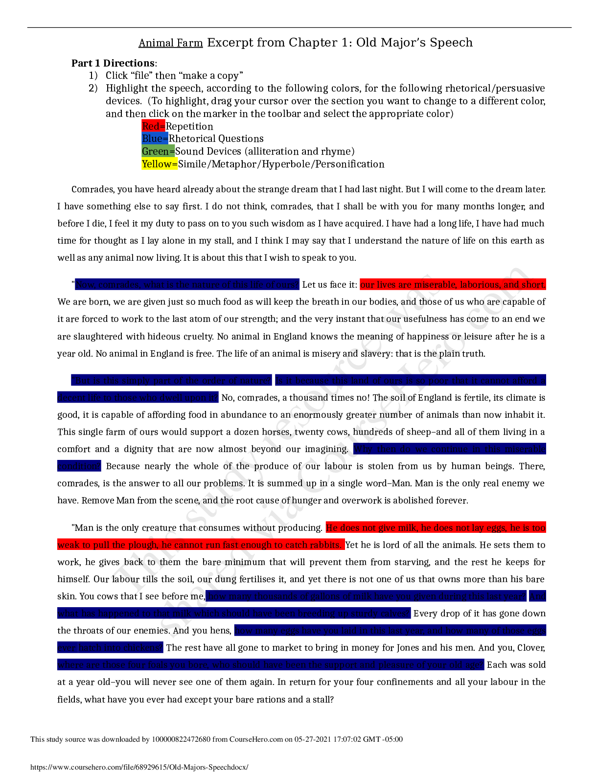 Preview of Blue Valley High ENGLISH 216 Old_Majors_Speech