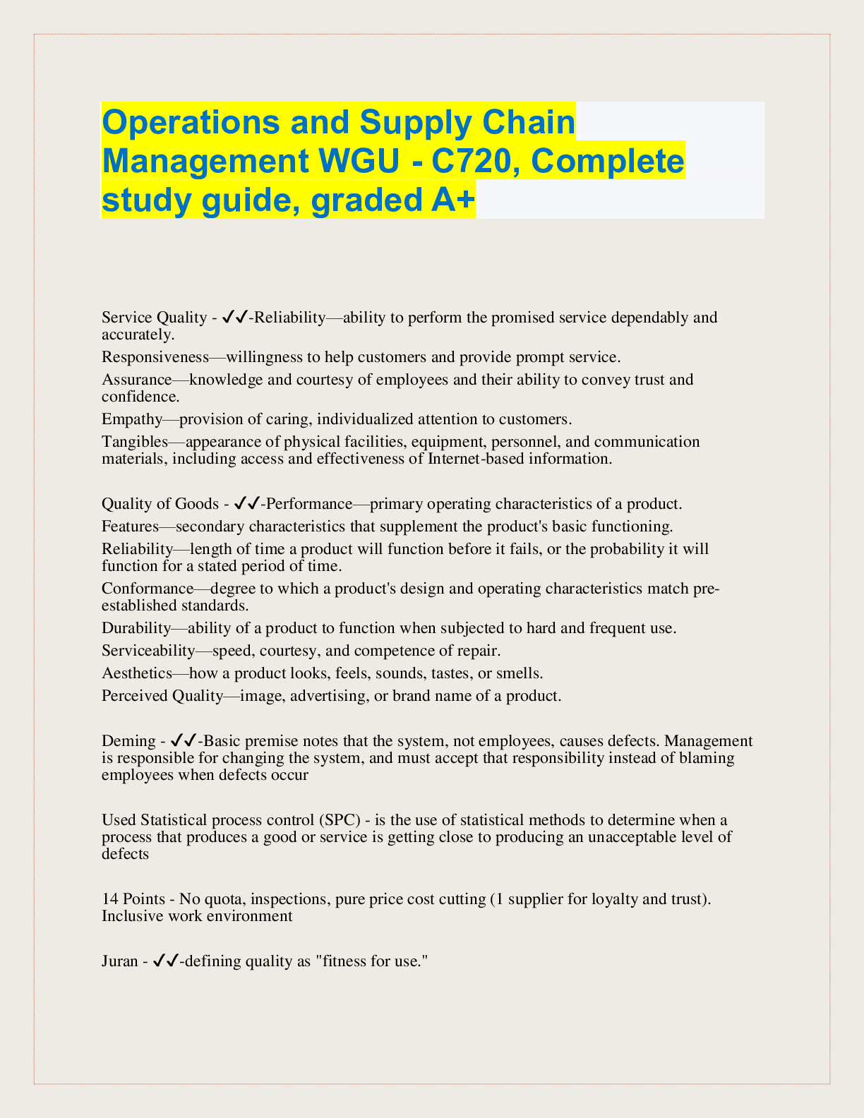 Operations and Supply Chain Management WGU - C720, Complete study gu ...