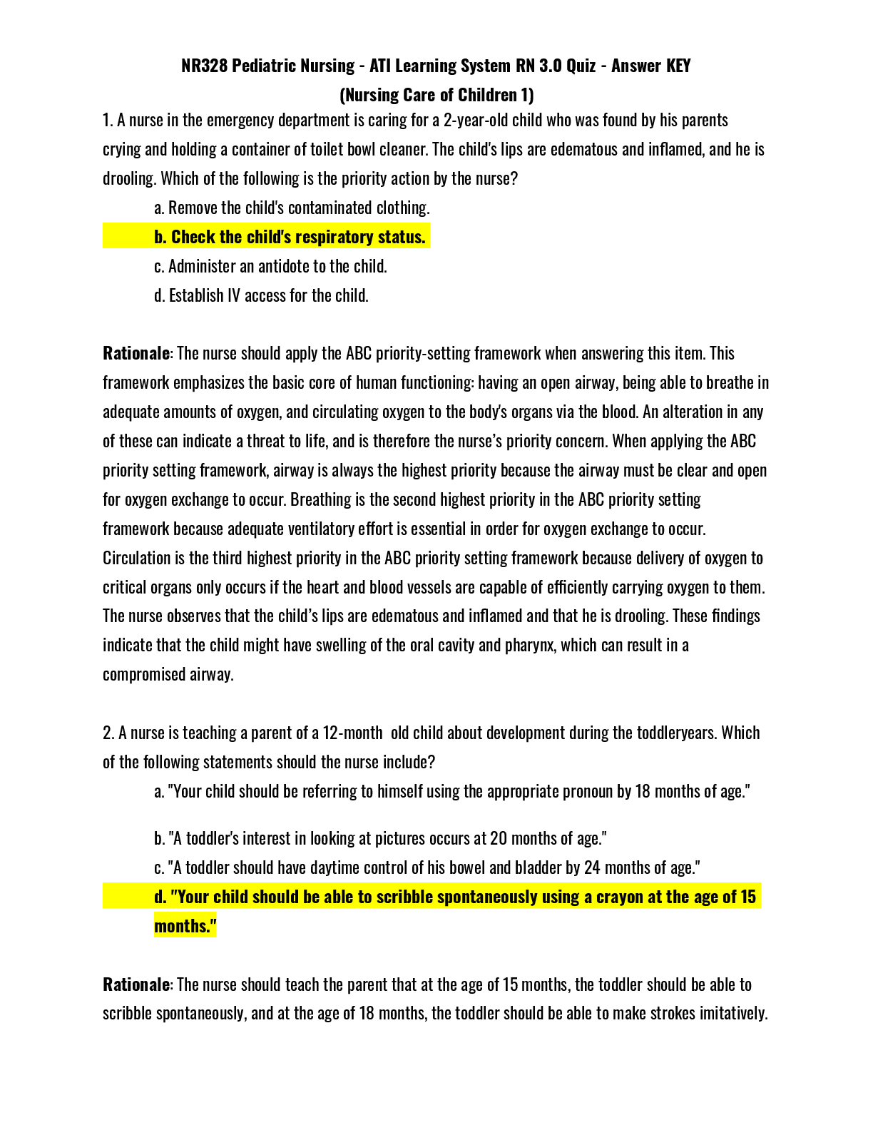 Recommended document preview for NR328 Pediatric Nursing - ATI Learning System RN 3.0 Quiz (Nursing Care of Children 1) | ANSWER KEY and RATIONALE
