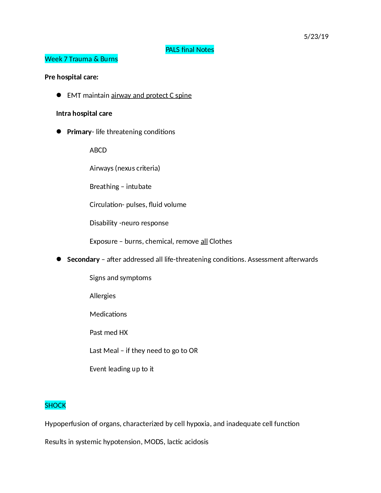 Preview image of PALS final Notes. document