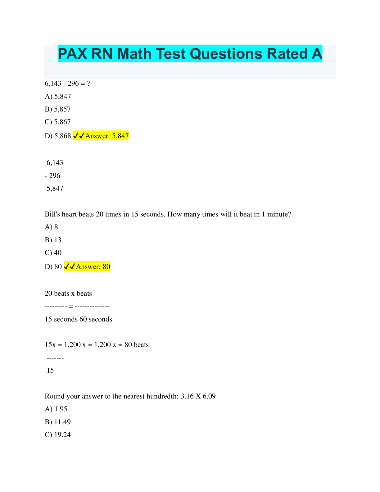 PAX RN Math Test Questions Rated A - Scholarfriends