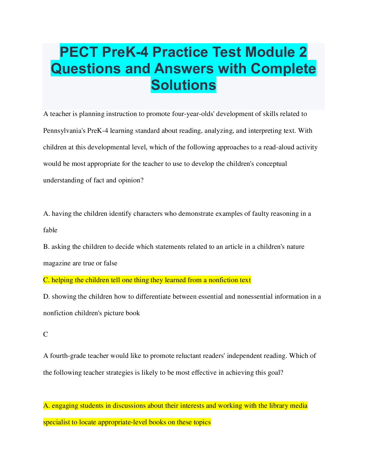 PECT PreK-4 Practice Test Module 2 Questions and Answers with Comple ...
