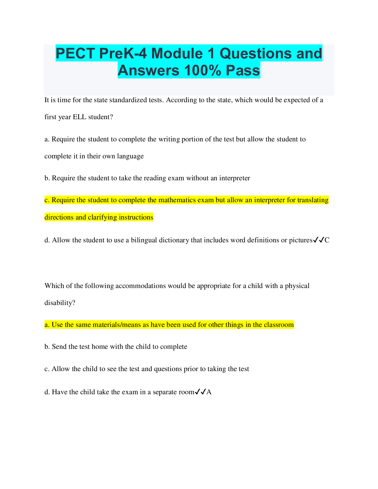 PECT PreK-4 Module 1 Questions and Answers 100% Pass | ScholarFriends