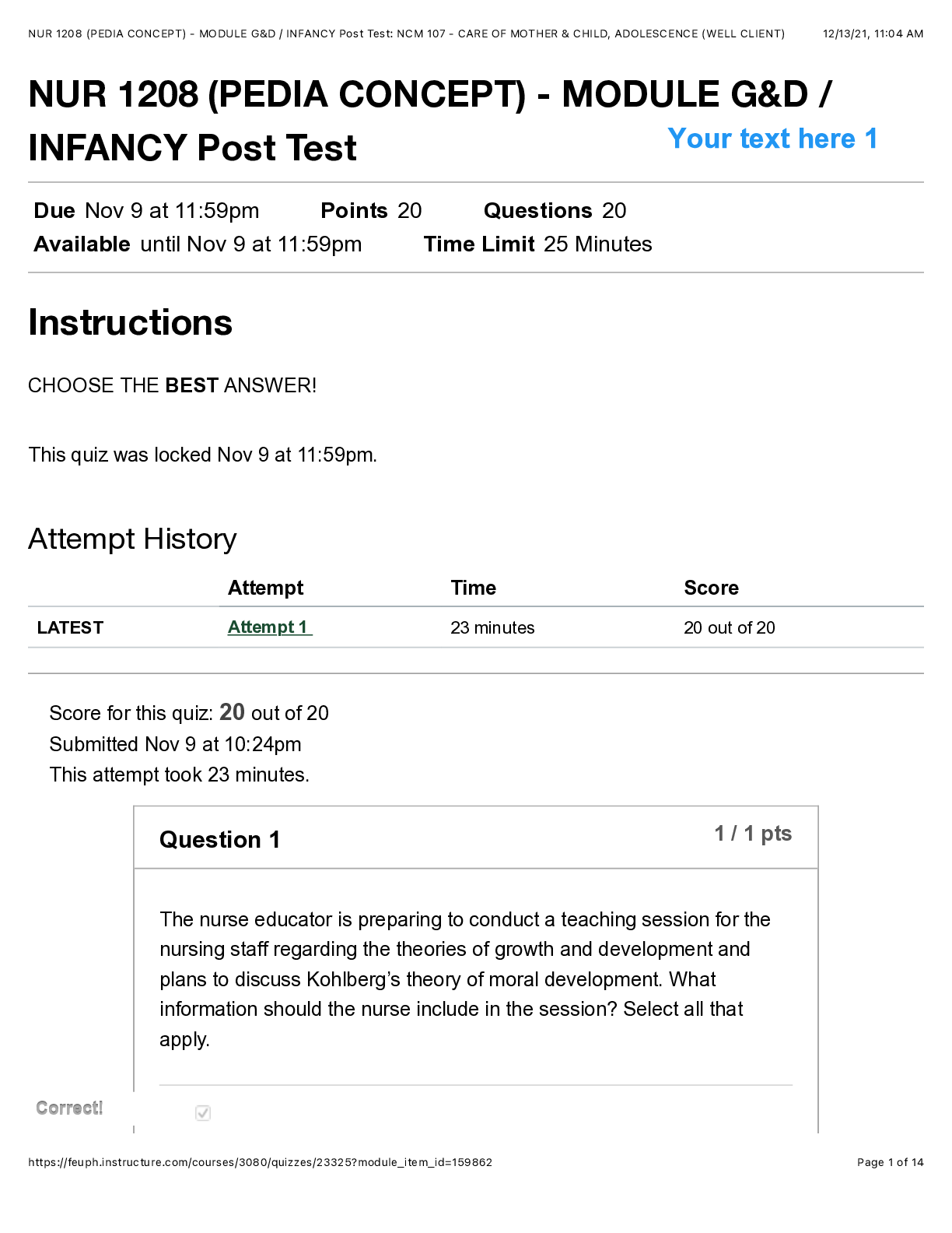 Preview image of NUR 1208 (PEDIA CONCEPT) - MODULE G&D / INFANCY Post Test document