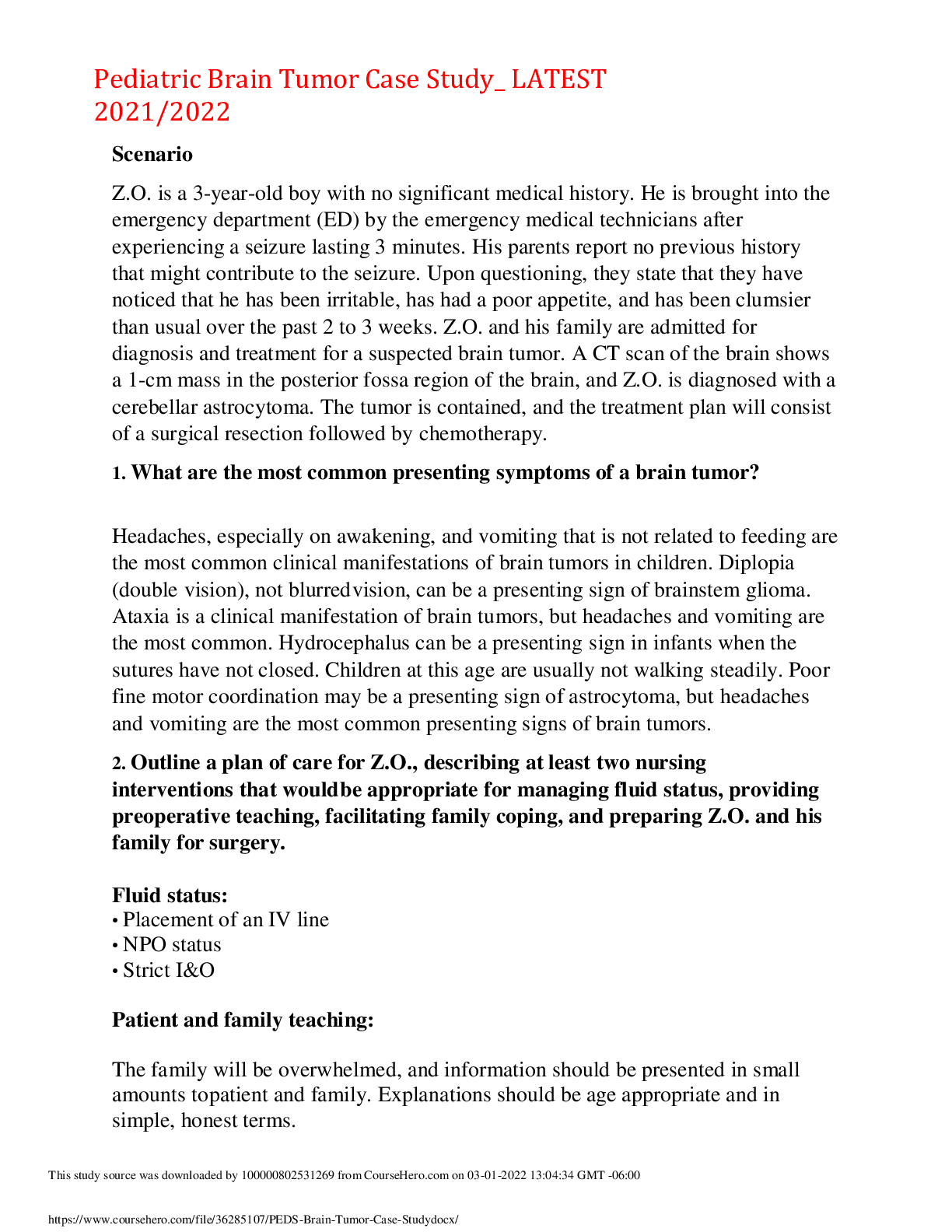 Preview image for Pediatric Brain Tumor Case Study_ LATEST 2021/2022,100% CORRECT