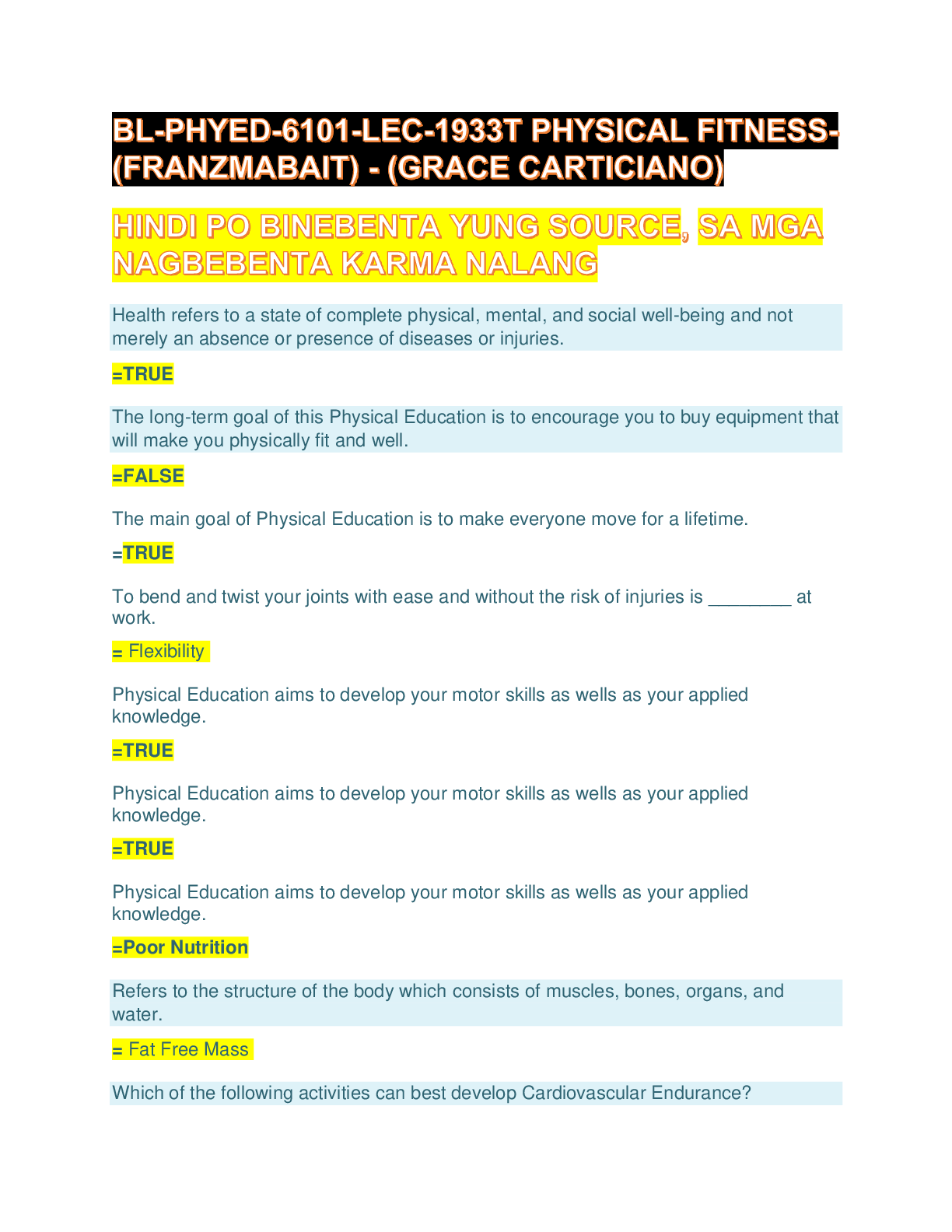 Preview image of Physical Education/ PE Finals. Complete Solution document
