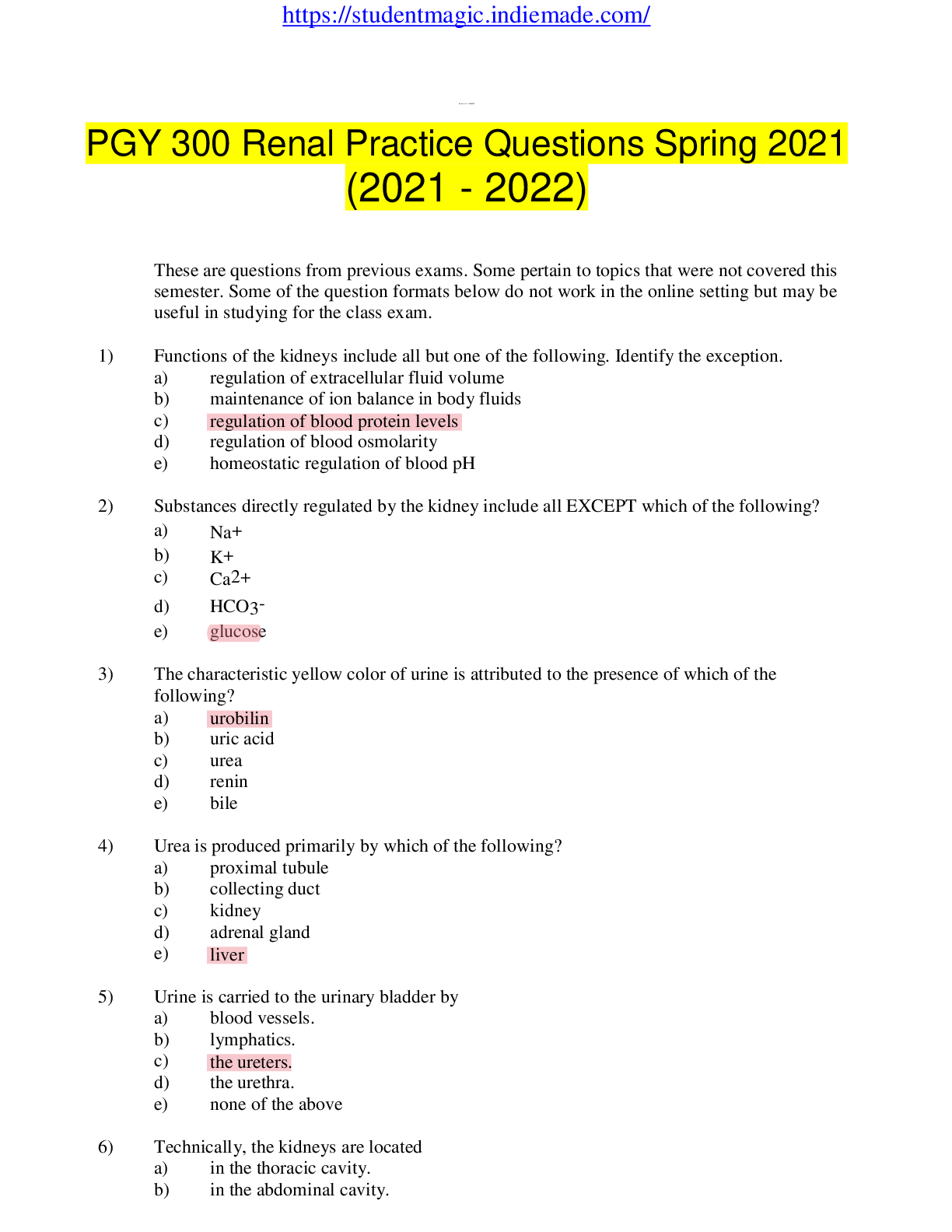 Preview of PGY 300 Renal Practice Questions Spring 2021 ( )