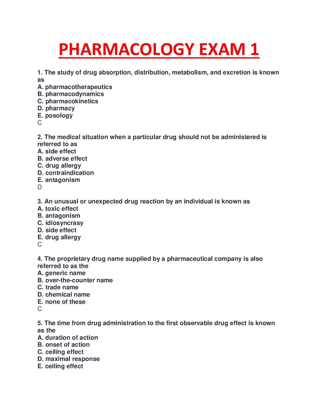 PHARMACOLOGY EXAM 1 MULTIPLE CHOICE QUESTIONS AND ANSWERS, COMPLETE ...