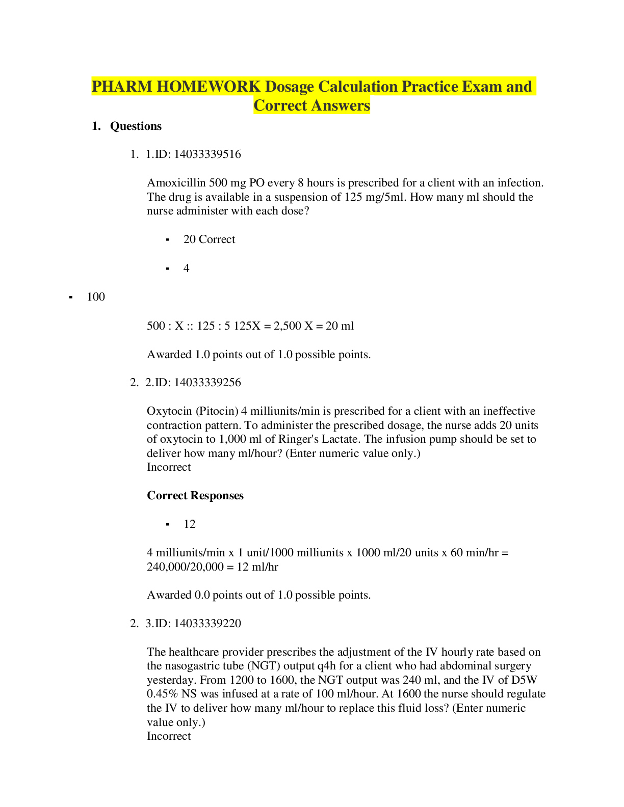 PHARM HOMEWORK Dosage Calculation Practice Exam and Correct Answers ...